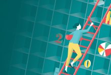 Illustration of a woman installing the rungs of a ladder that leans up against a wall of cubes filled with research icons